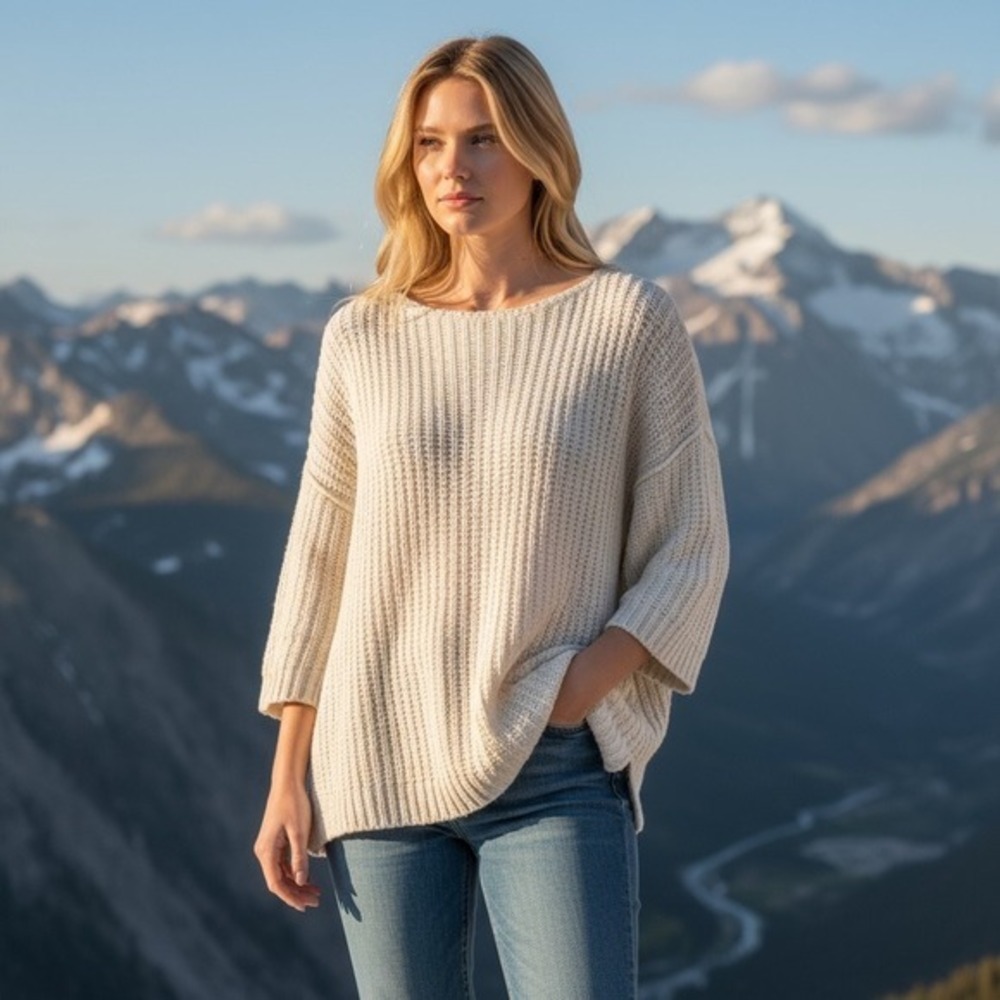 Pure Jill Elements By J. Jill Cream Open-Ribbed-Textured Knit Crewneck Sweater